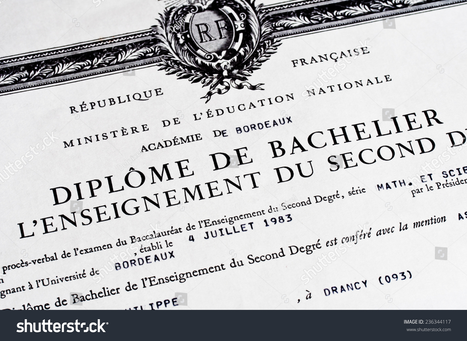 stock photo detail of french anonymous baccalaureat diploma diplome de bachelier baccalaureat diploma 236344117